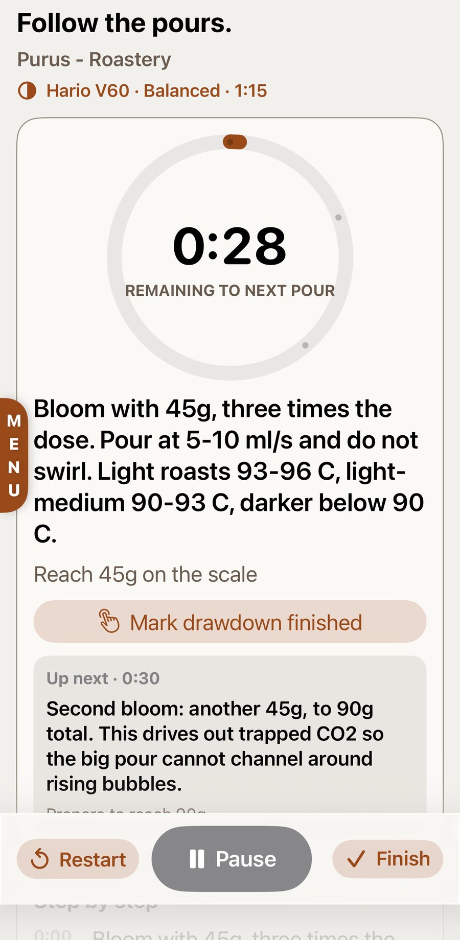 The brew timer: bloom with 45 g, pour at 5 to 10 ml per second, light roasts 93 to 96 C, and an explanation that the second bloom drives out trapped CO2